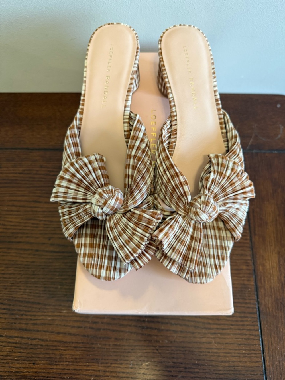 Loeffler Randall Gingham Bow Block Heel Slide - Brown/White - Picture 4 of 8